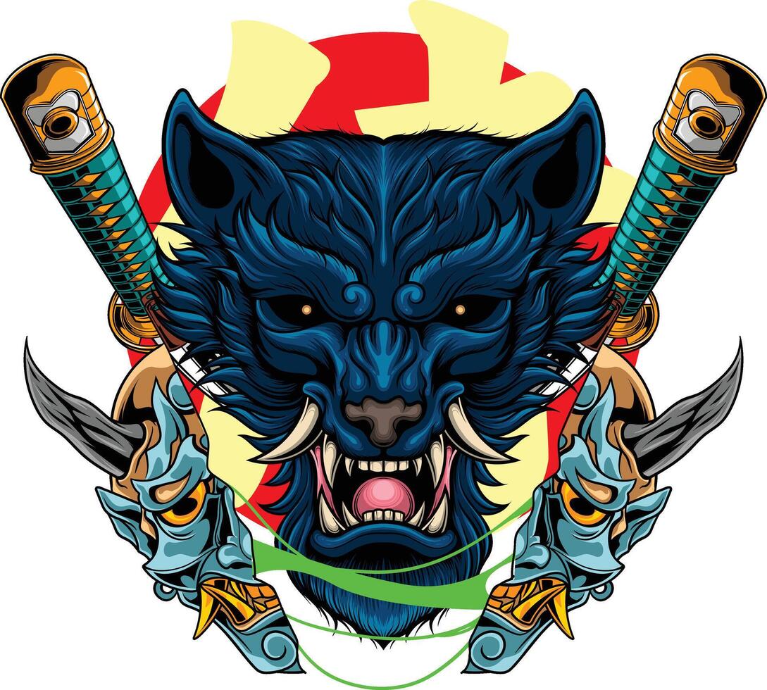 vector illustratie van Japans wolf met samurai helm
