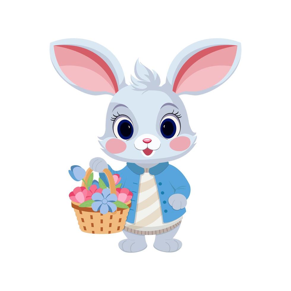 vector illustratie. tekenfilm konijn met bloemen in een mand.