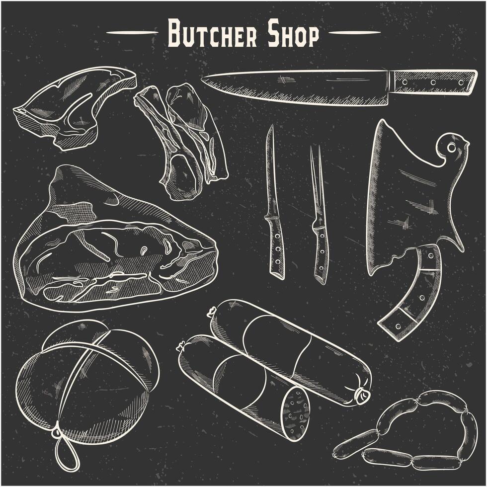 vlees schets icoon reeks vector illustratie. hand- getrokken worstjes, worstjes, vlees en messen in wit lijnen met grunge textuur.