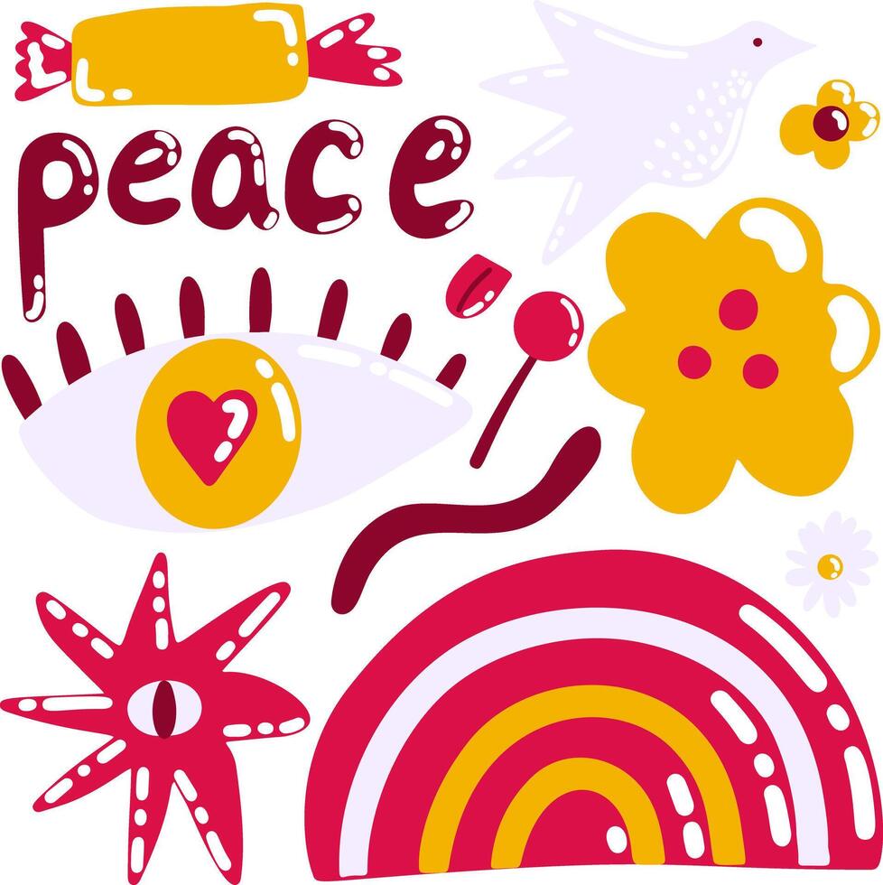 groovy hippie jaren 70 set. grappig tekenfilm bloem, regenboog, vrede, liefde, hart. sticker pak in modieus retro psychedelisch tekenfilm stijl vector