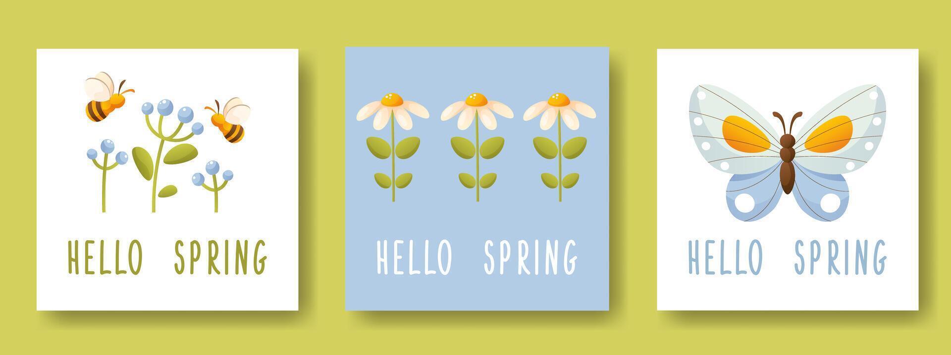 reeks van voorjaar kaarten, tekst Hallo lente, vlinder, bloemen, bij. vector