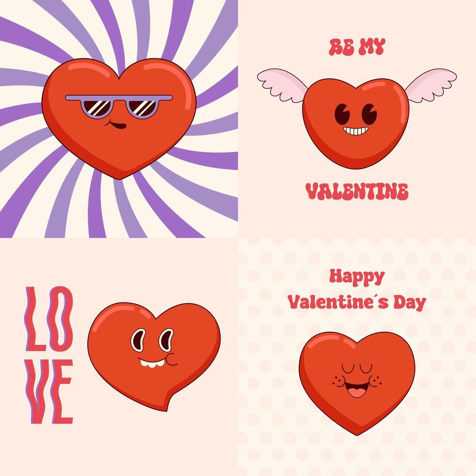 reeks van Valentijnsdag dag kaarten. groovy lief harten retro groet kaarten set. hippie retro wijnoogst Valentijnsdag dag posters in jaren 70 80s stijl vector