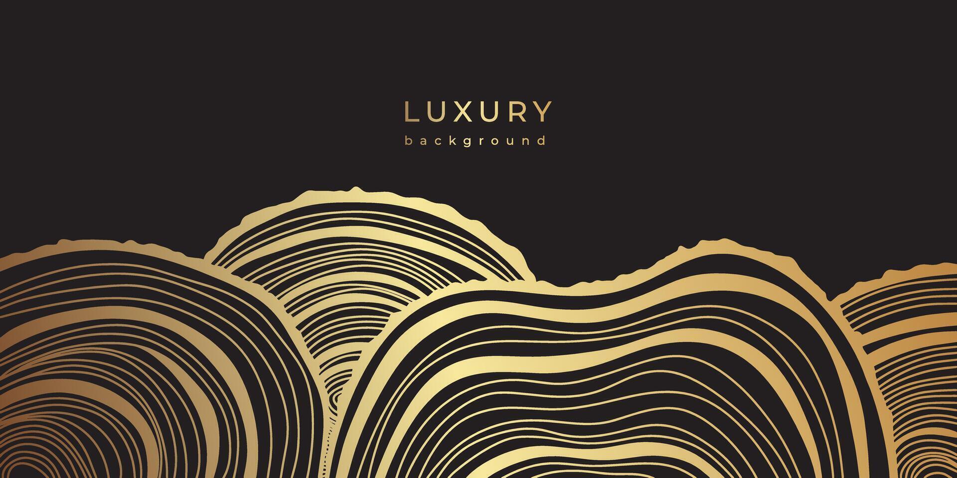 luxe lineair gouden heuvels. abstract landschap met veld- of weide. minimalistische muur kunst. lijn kunst achtergrond ontwerp. lineair heuvel met gestreept patroon. vector illustratie. goud en zwart spandoek.