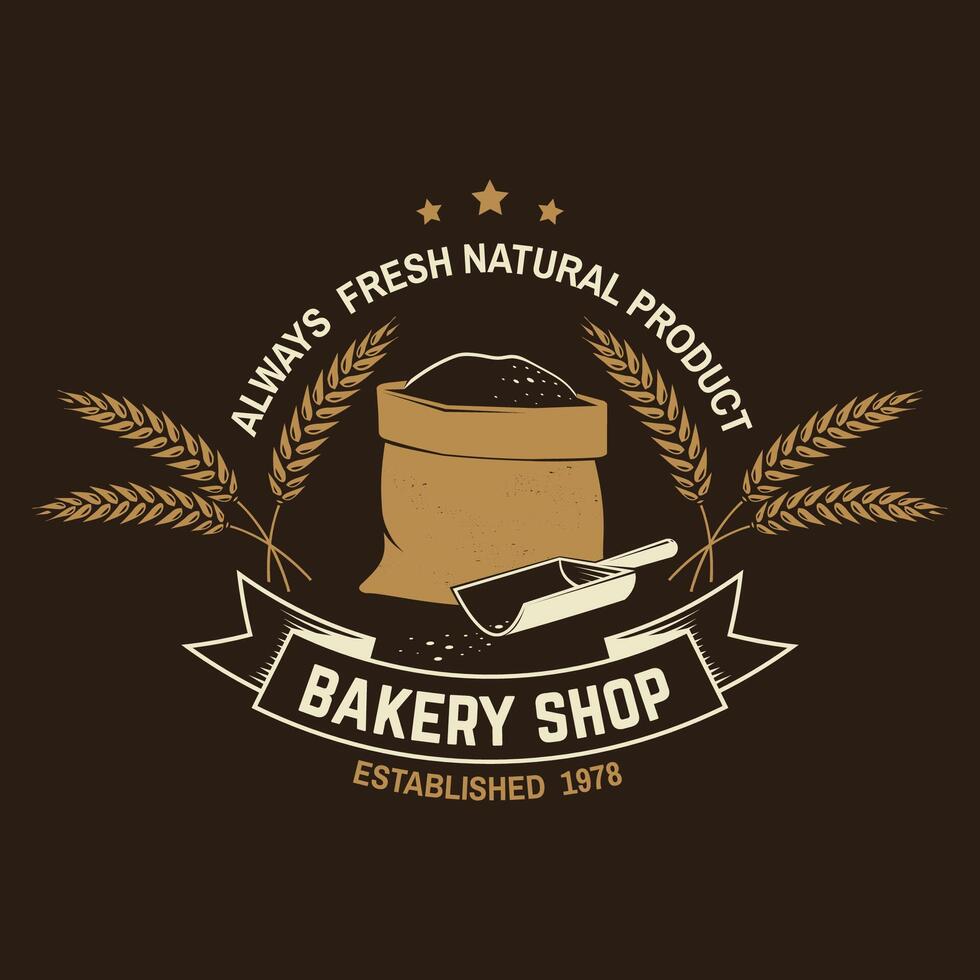 bakkerij winkel. vector concept voor insigne, shirt, label, afdrukken, postzegel of tee. typografie ontwerp met zak met meel, oren van tarwe silhouet. sjabloon voor restaurant identiteit voorwerpen, verpakking en menu