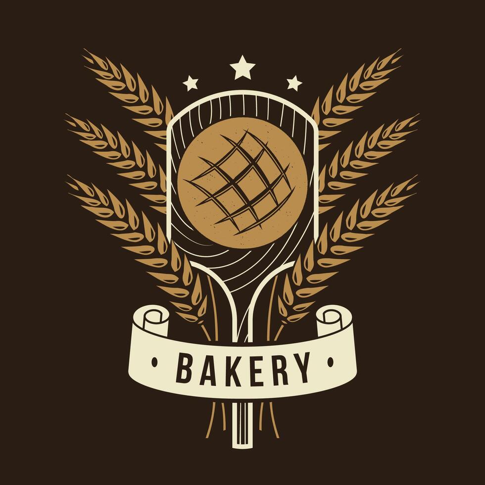bakkerij insigne, logo. vector illustratie typografie ontwerp met brood Aan de Schep, oren van tarwe silhouet. sjabloon voor restaurant identiteit voorwerpen, verpakking en menu