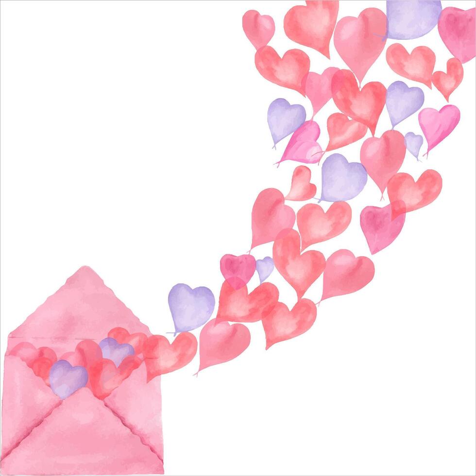 waterverf roze, Purper, blauw harten vliegend uit van roze envelop. romantisch illustratie voor opslaan de datum, valentijnsdag dag kaarten vector