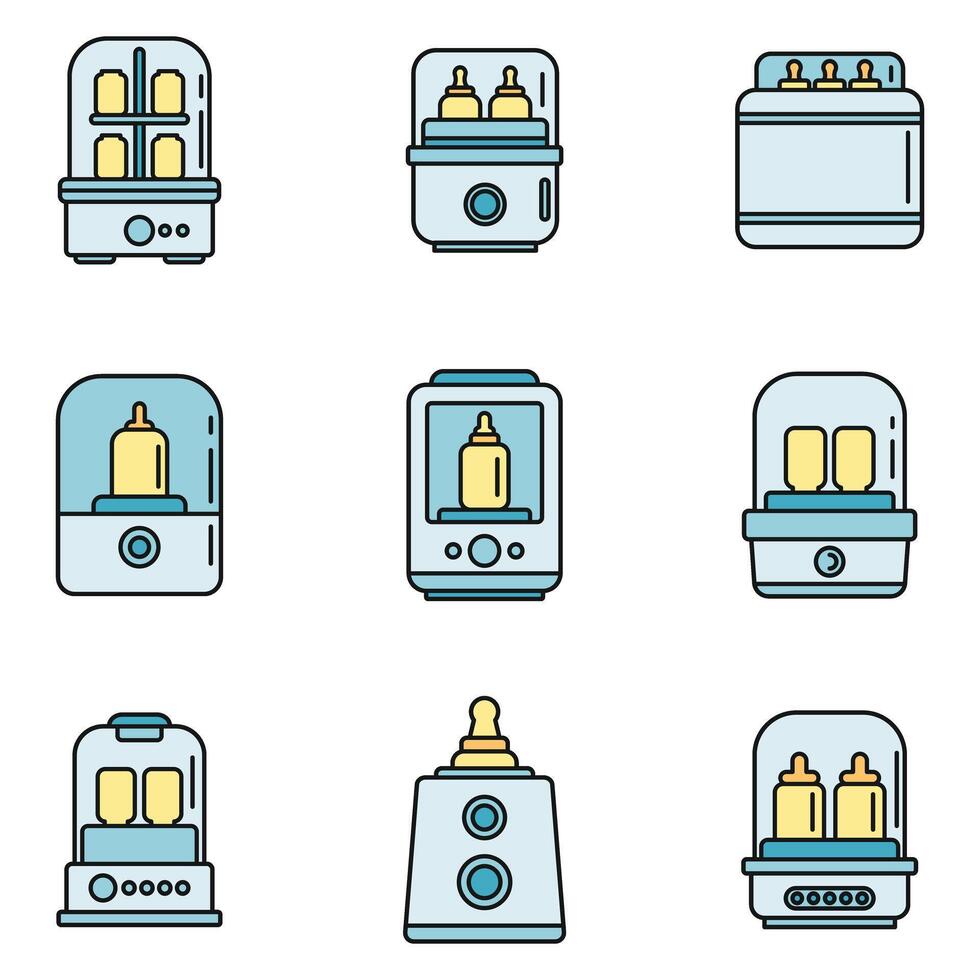 baby fles sterilisator pictogrammen reeks vector kleur lijn