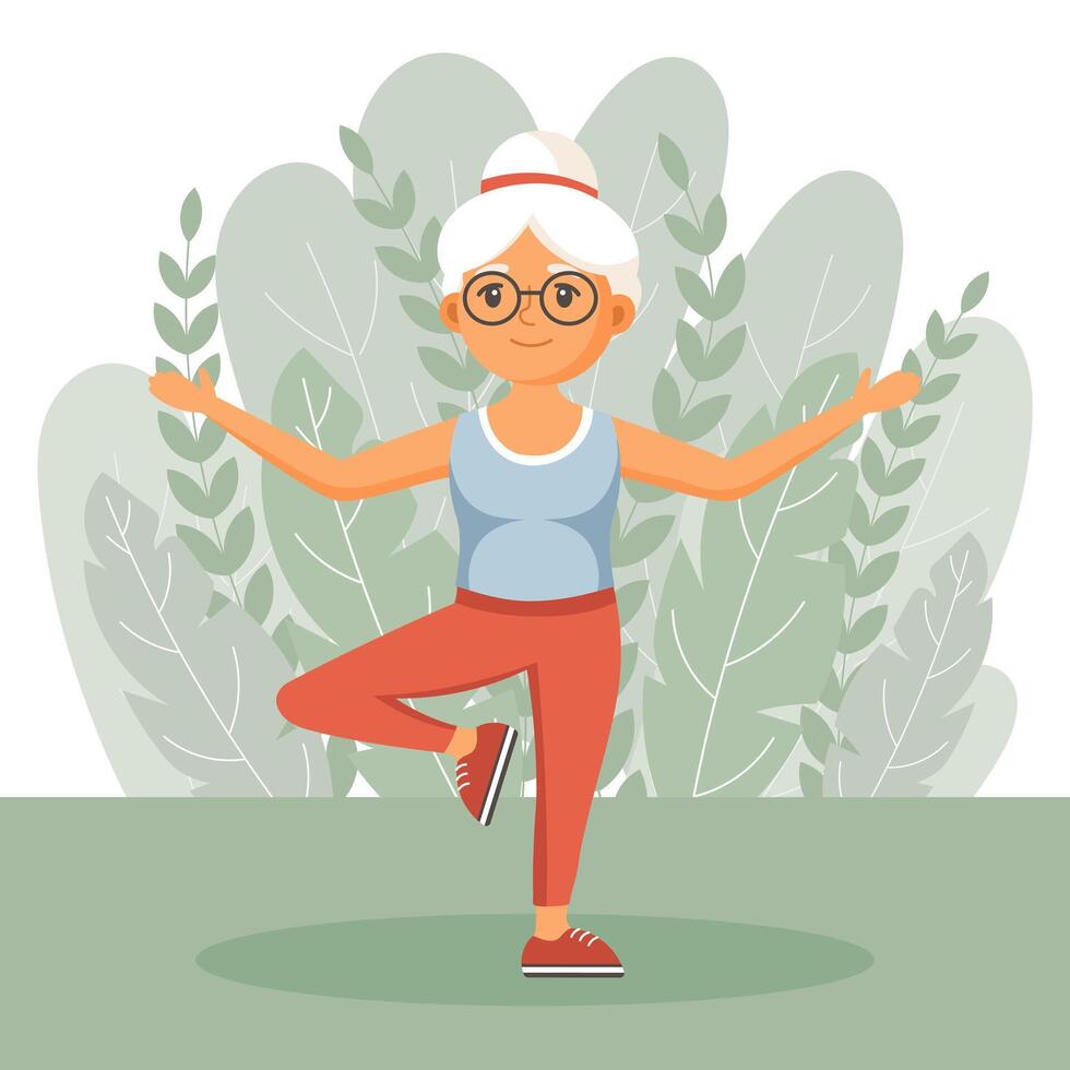 gelukkig oud vrouw grootmoeder gaat in voor sport, yoga, wandelingen. een ouderen vrouw is oefenen. vlak illustratie in tekenfilm stijl, vector