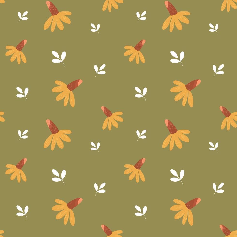 naadloos patroon, klein madeliefjes en verspreide bladeren Aan een groen achtergrond, achtergrond, afdrukken, textiel, behang, vector