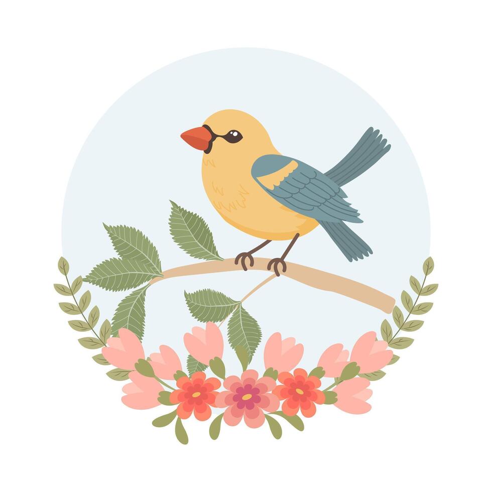 schattig tekenfilm vogelstand Aan een Afdeling in een bloem kader. groet kaart ontwerp, voorjaar illustratie. vector