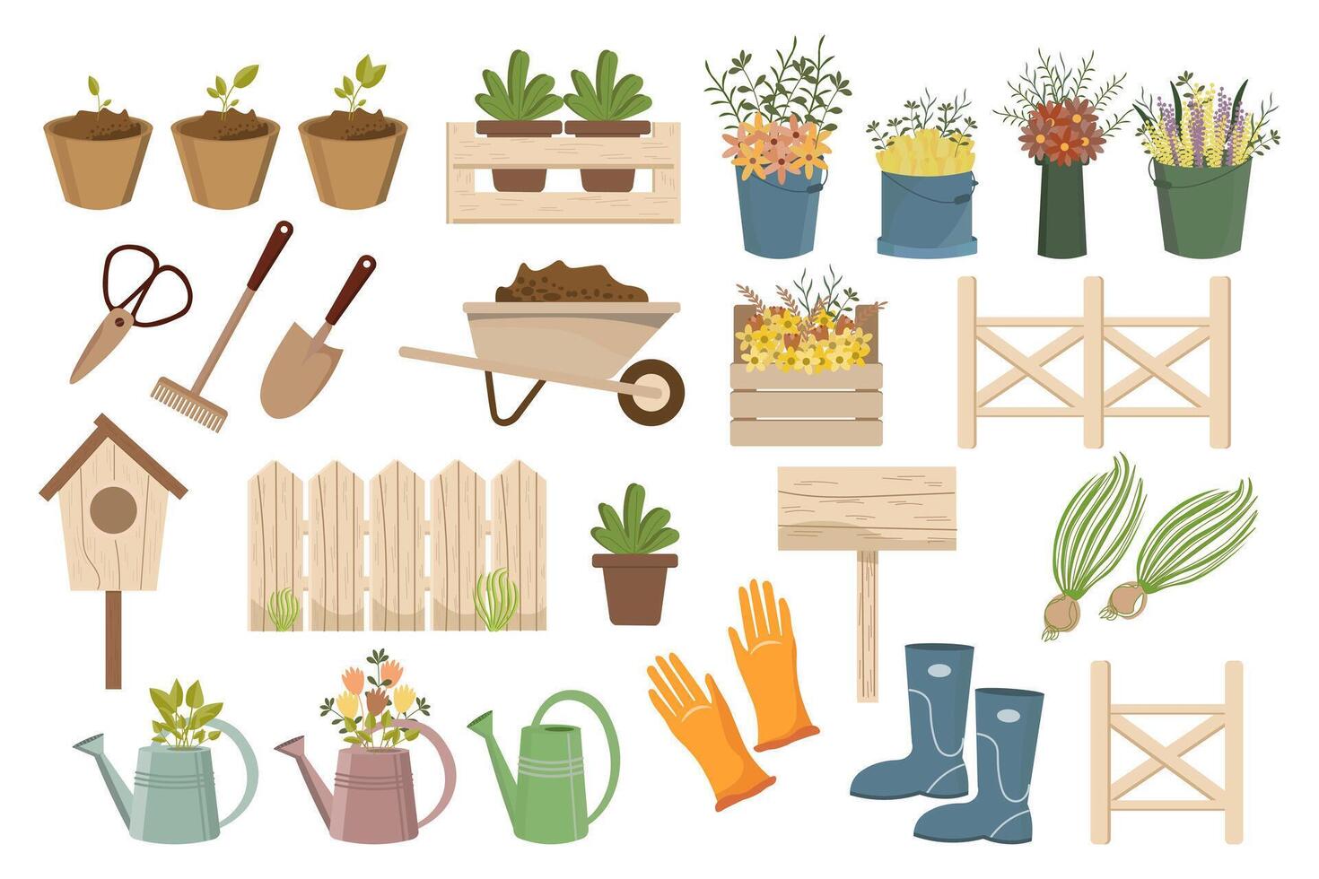 tuin set, tuin kruiwagen, Schep, hark, laarzen, handschoenen, gieter blikjes, vogelhuisje, houten tekens, planten en hekken. pictogrammen, voorjaar illustratie, vector