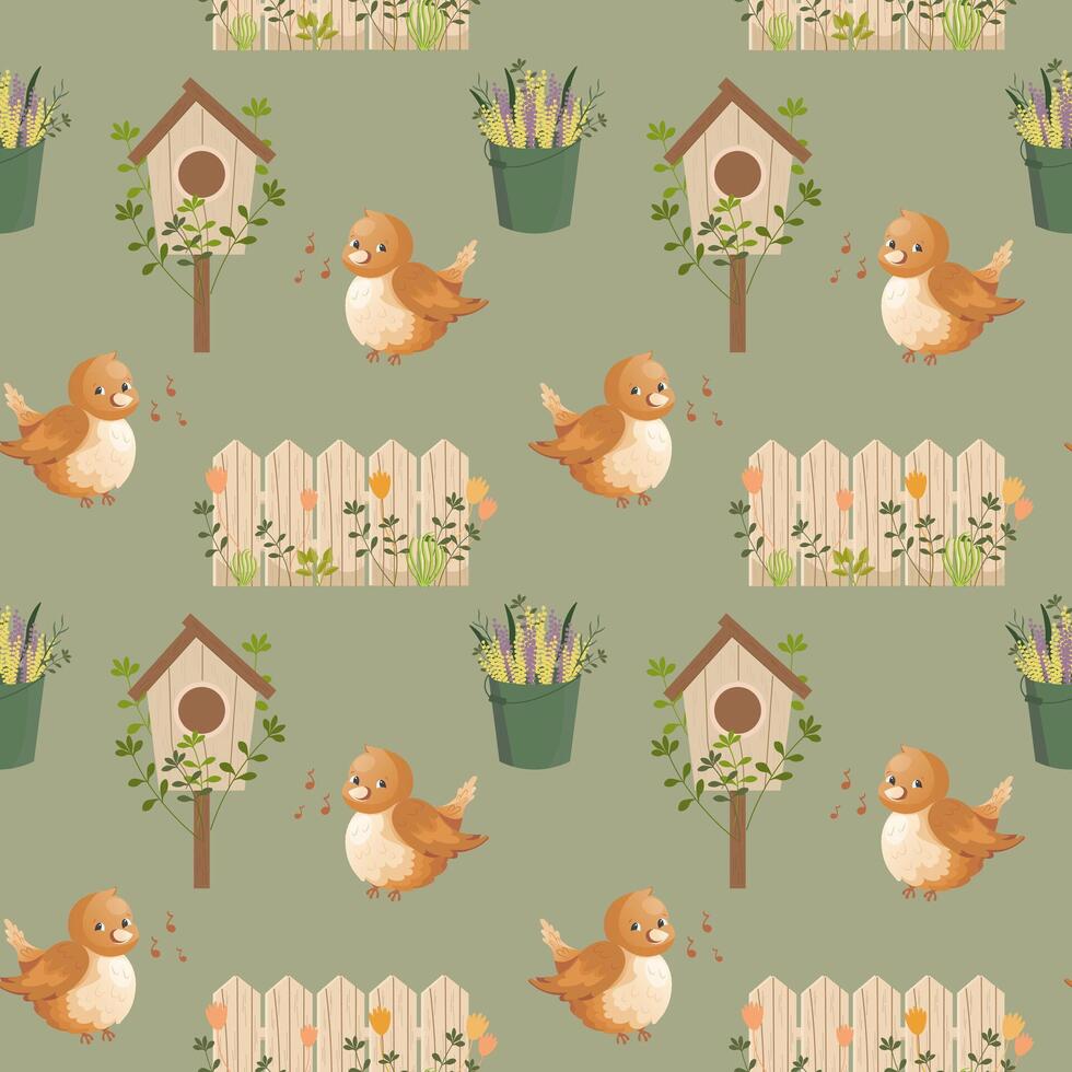 naadloos voorjaar patroon, schattig vogels, vogelhuisjes, emmers van bloemen Aan een licht achtergrond. achtergrond, baby behang, textiel, vector