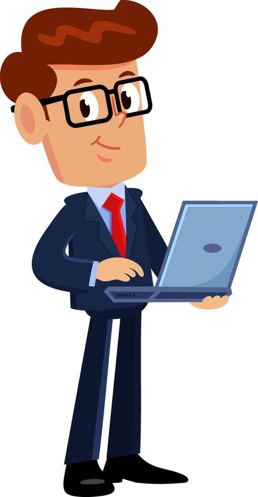 zakenman tekenfilm karakter staand met laptop. vector illustratie vlak ontwerp