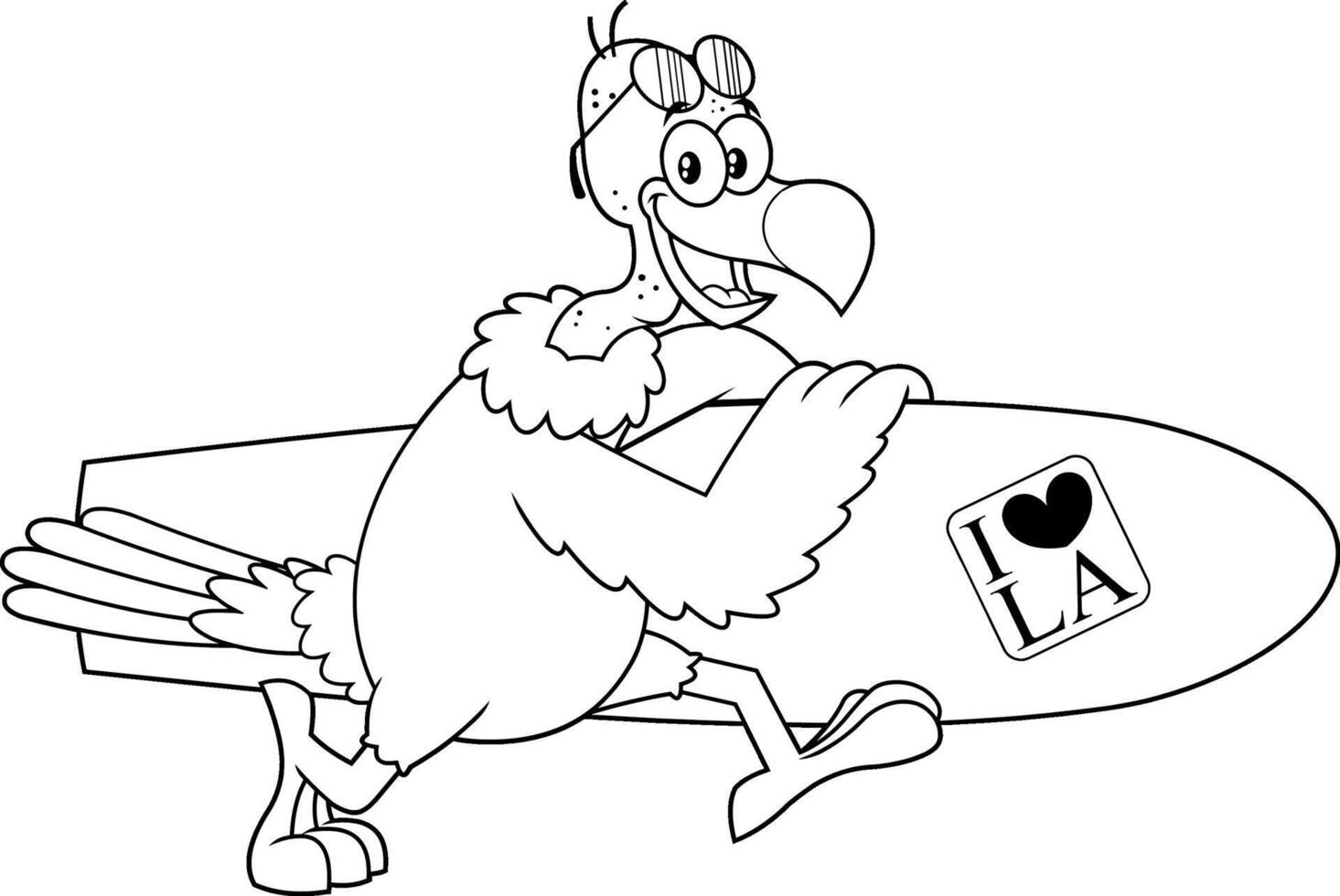 geschetst gier vogel schattig tekenfilm karakter rennen met een surfplank. vector illustratie geïsoleerd Aan wit achtergrond