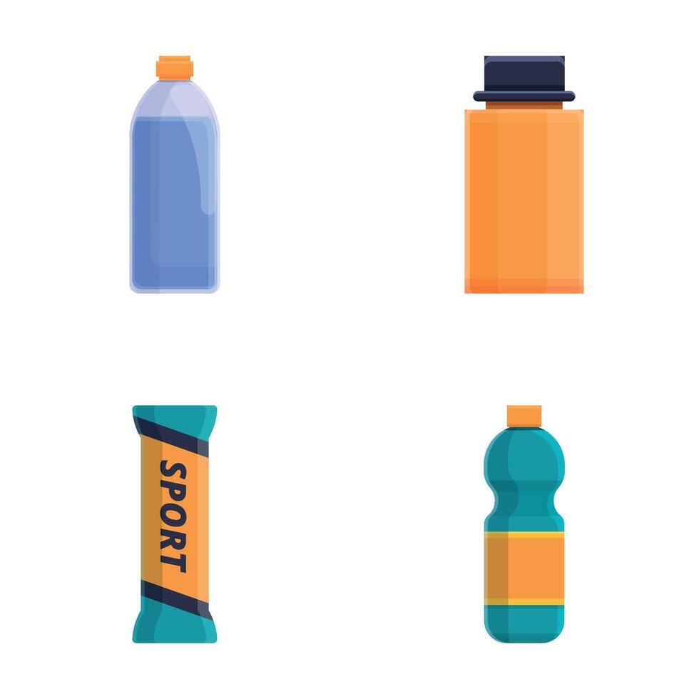 sport voedsel pictogrammen reeks tekenfilm vector. sport voeding en energie drinken vector