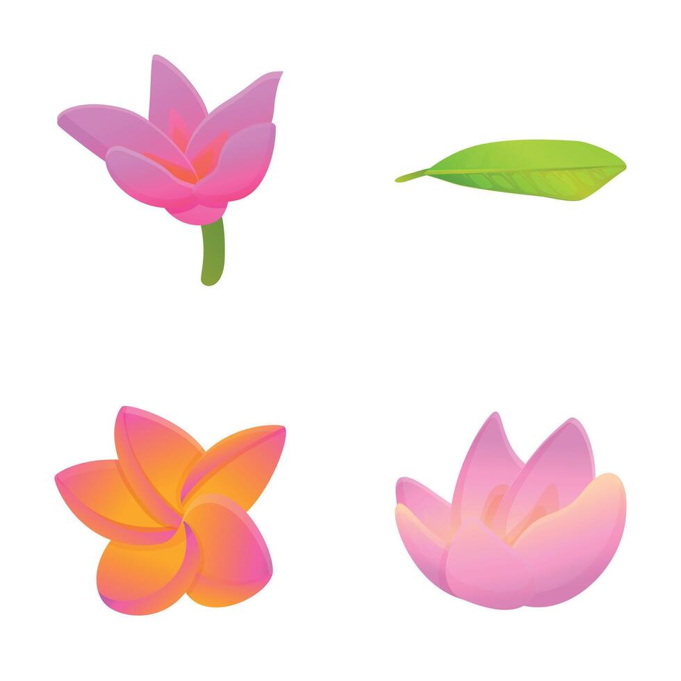 lotus bloem pictogrammen reeks tekenfilm vector. bloeiend lotus of water lelie met blad vector