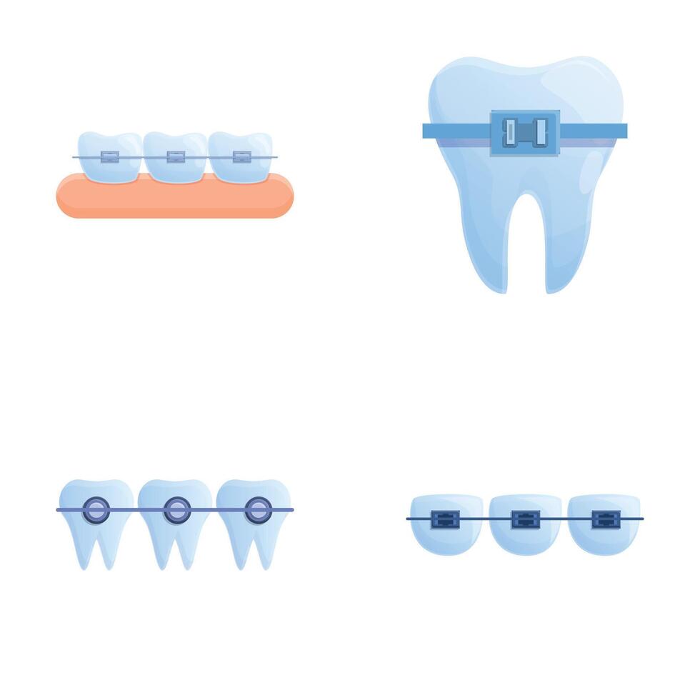 tanden uitlijning pictogrammen reeks tekenfilm vector. orthodontisch beugel systeem Aan tanden vector