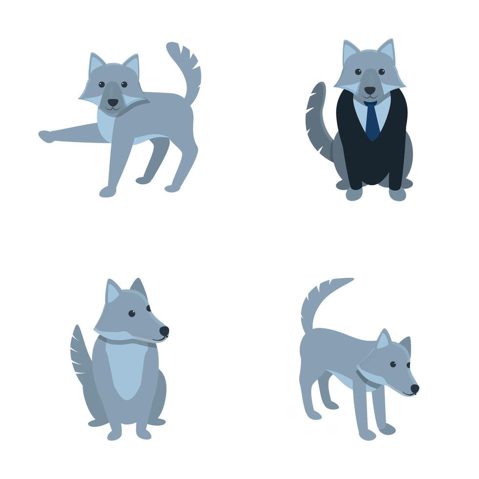 schattig wolf pictogrammen reeks tekenfilm vector. grappig grijs wolf vector