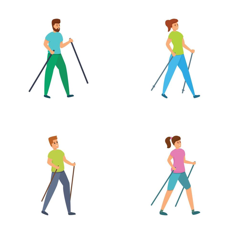 nordic wandelen pictogrammen reeks tekenfilm vector. mensen aan het doen nordic wandelen vector