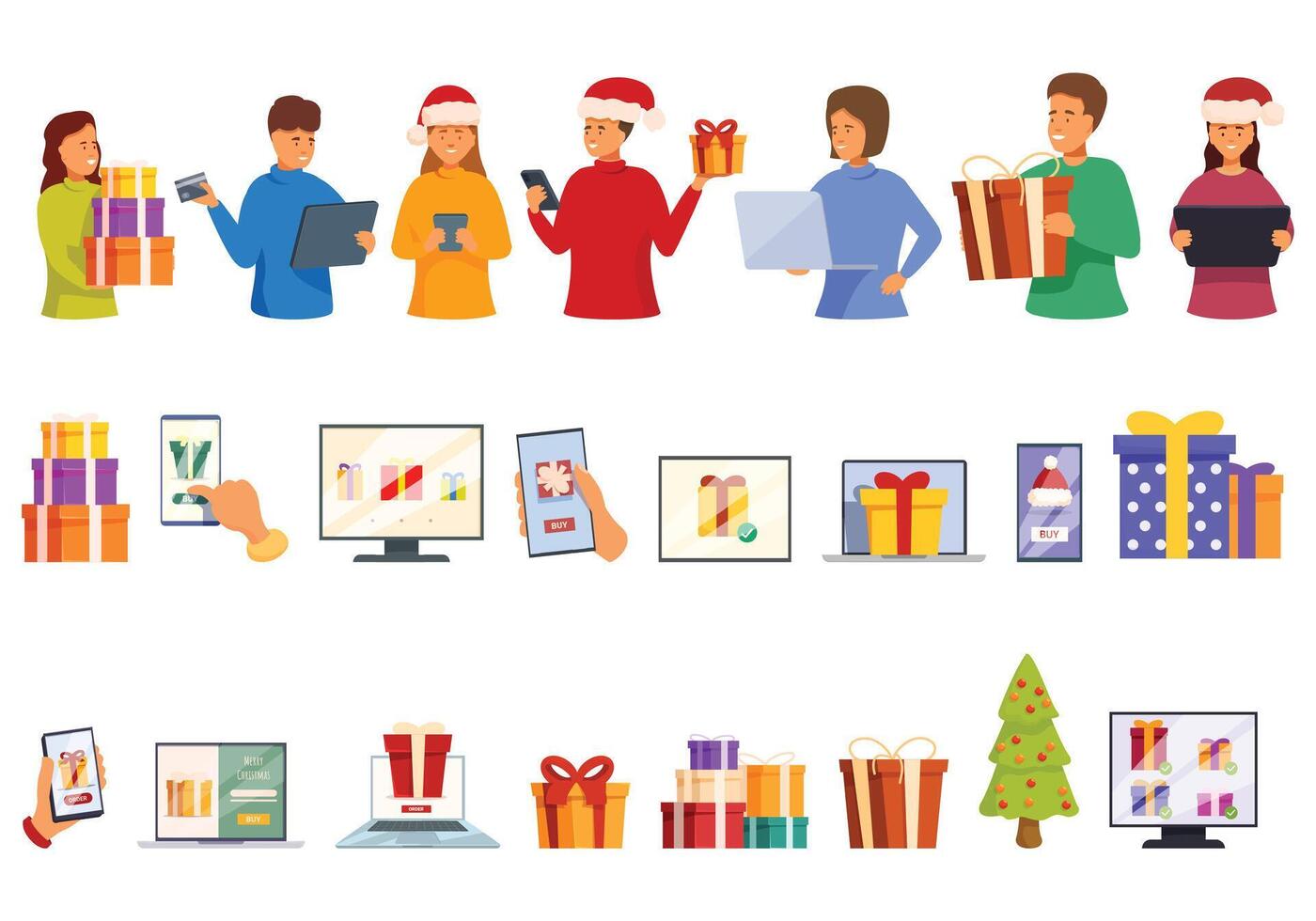 bestellen Kerstmis cadeaus online pictogrammen reeks tekenfilm vector. huis boodschappen doen vector