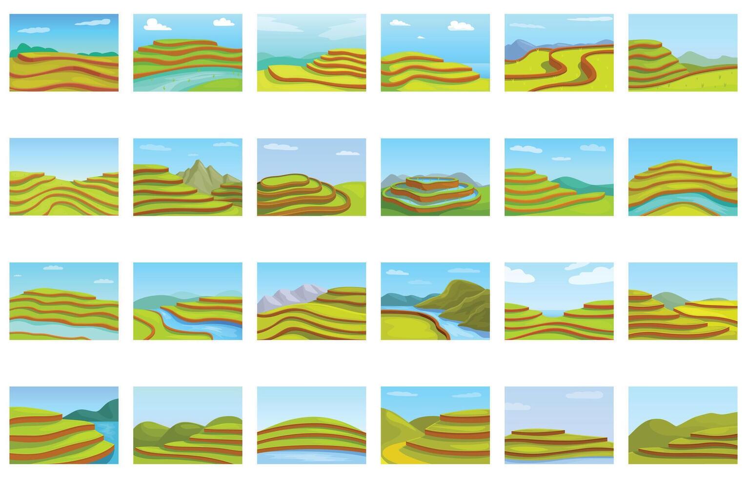 groen rijstveld terrassen pictogrammen reeks tekenfilm vector. Aziatisch arbeider vector