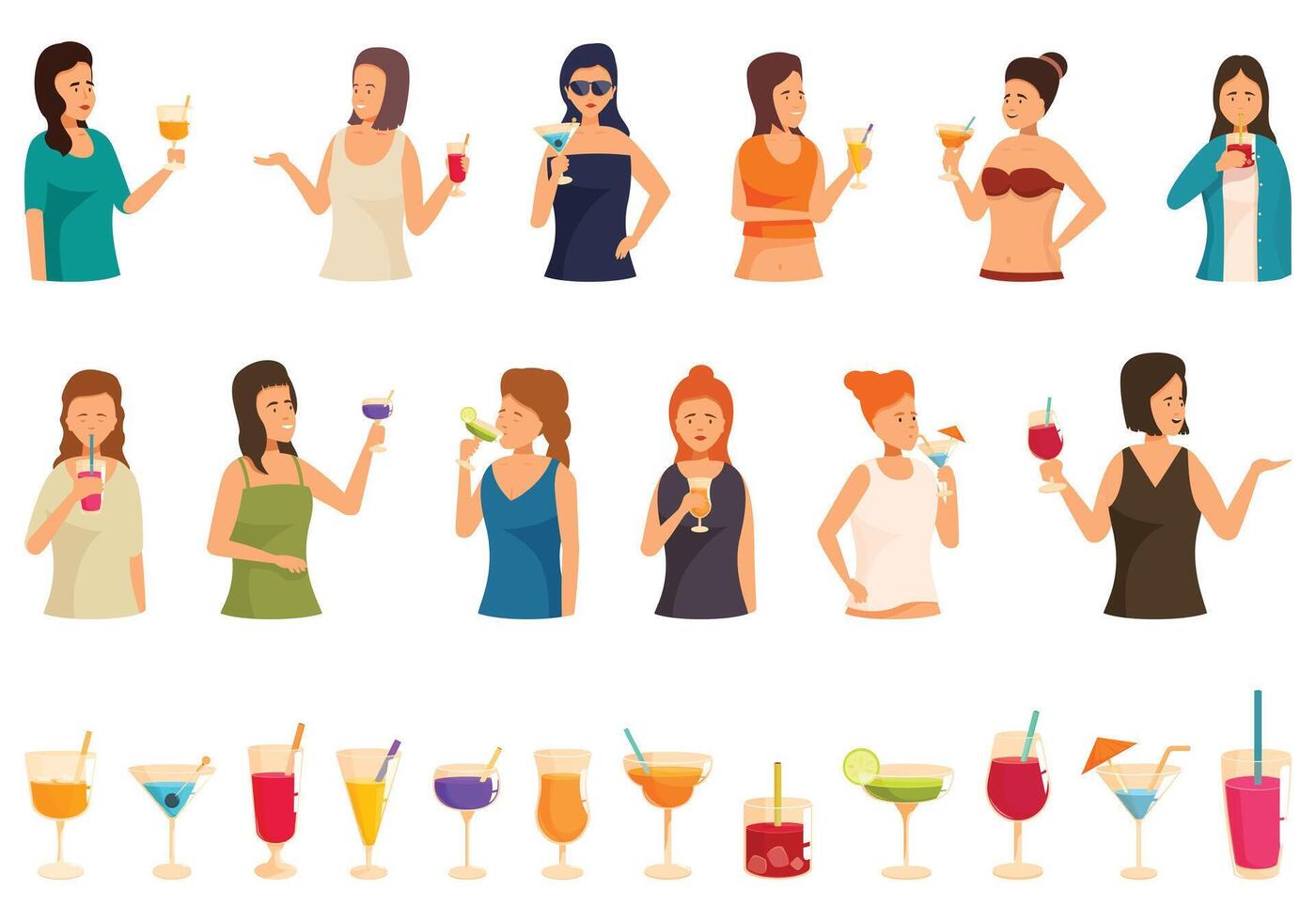 vrouw drinken cocktail pictogrammen reeks tekenfilm vector. gezicht jong vector