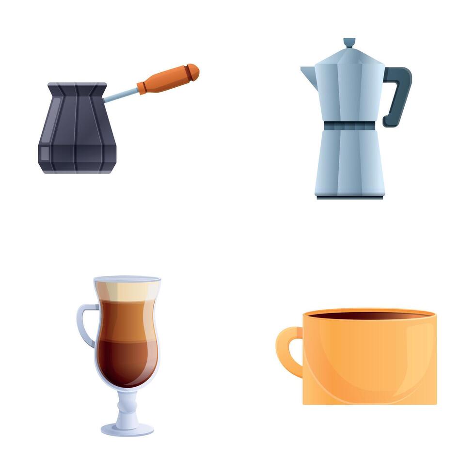 koffie breken pictogrammen reeks tekenfilm vector. koffie brouwen uitrusting vector