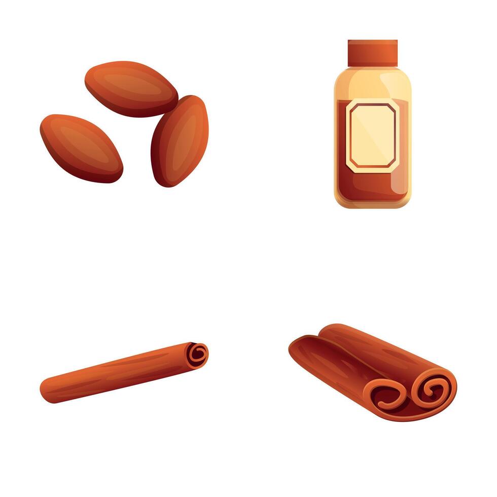 aromatisch kruid pictogrammen reeks tekenfilm vector. geurig cacao Boon en kaneel stok vector