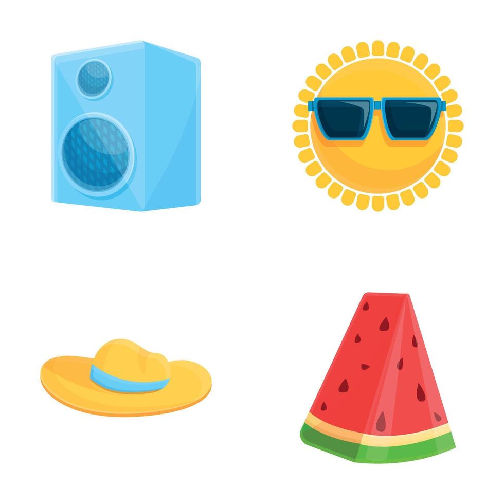 zomer rust uit pictogrammen reeks tekenfilm vector. zon hoed watermeloen plak en spreker vector