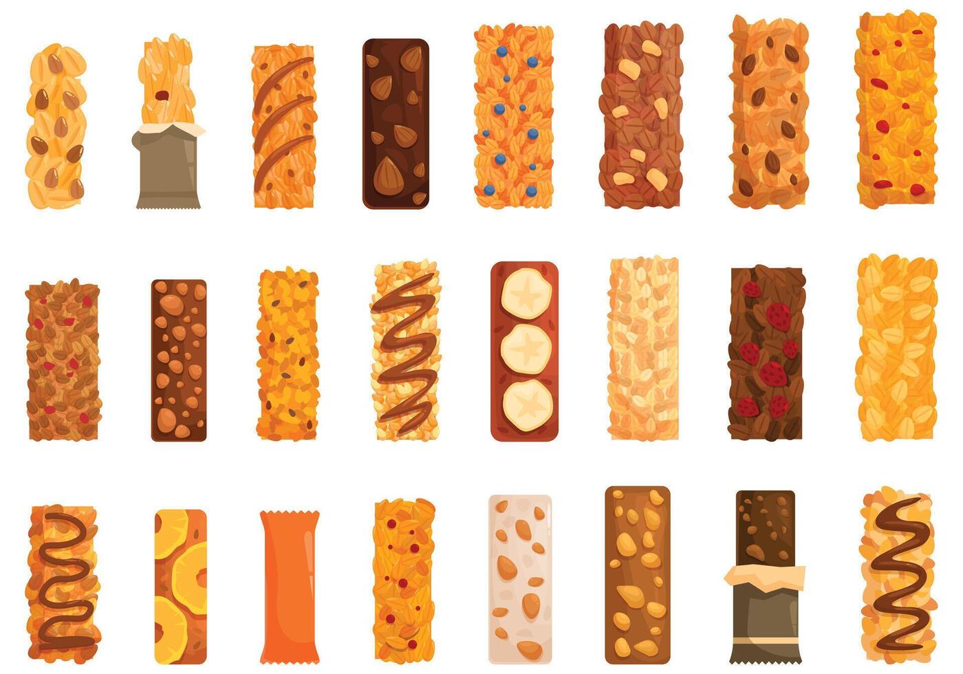 muesli bar pictogrammen reeks tekenfilm vector. chocola muesli vector