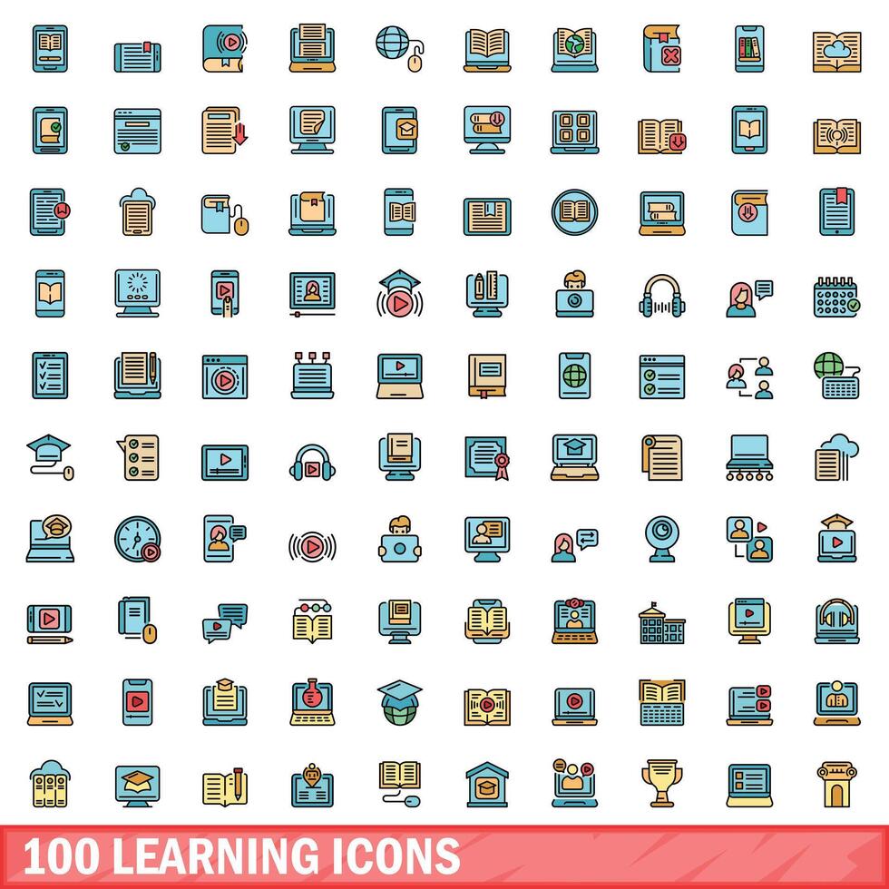 100 aan het leren pictogrammen set, kleur lijn stijl vector