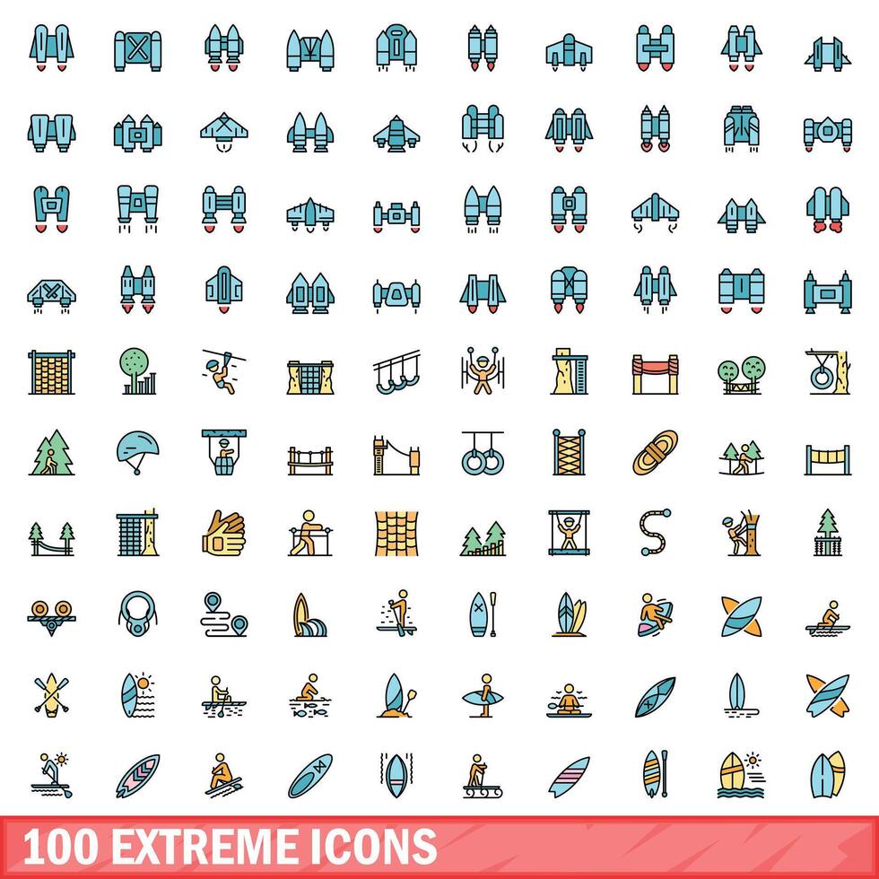 100 extreem pictogrammen set, kleur lijn stijl vector