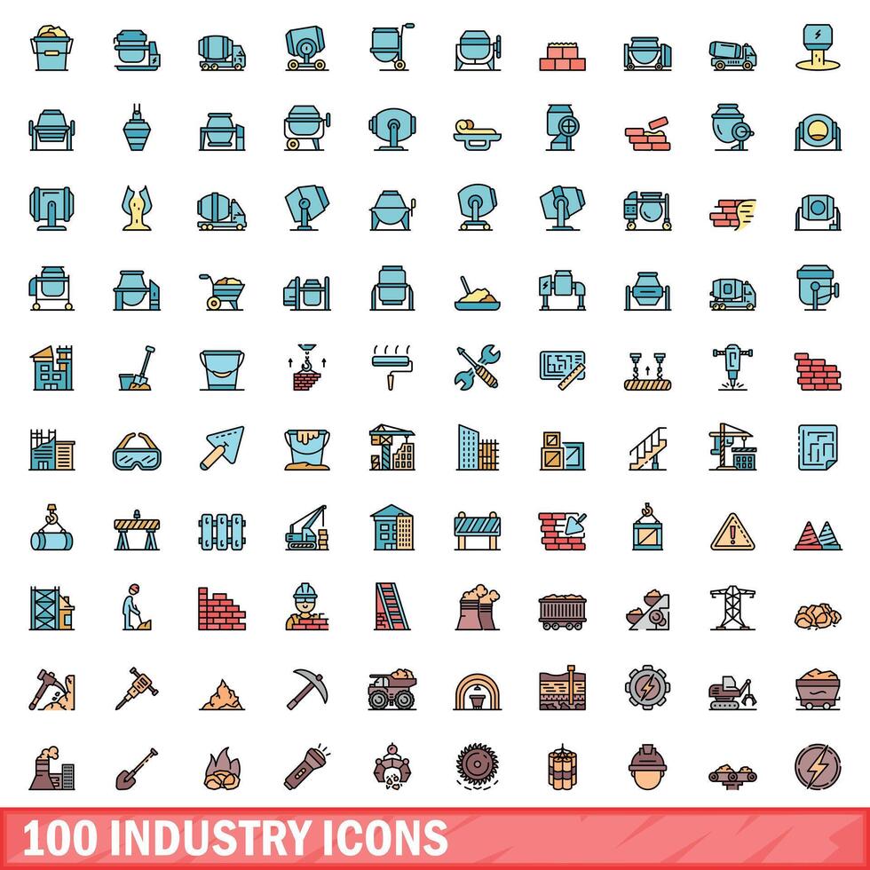 100 industrie pictogrammen set, kleur lijn stijl vector