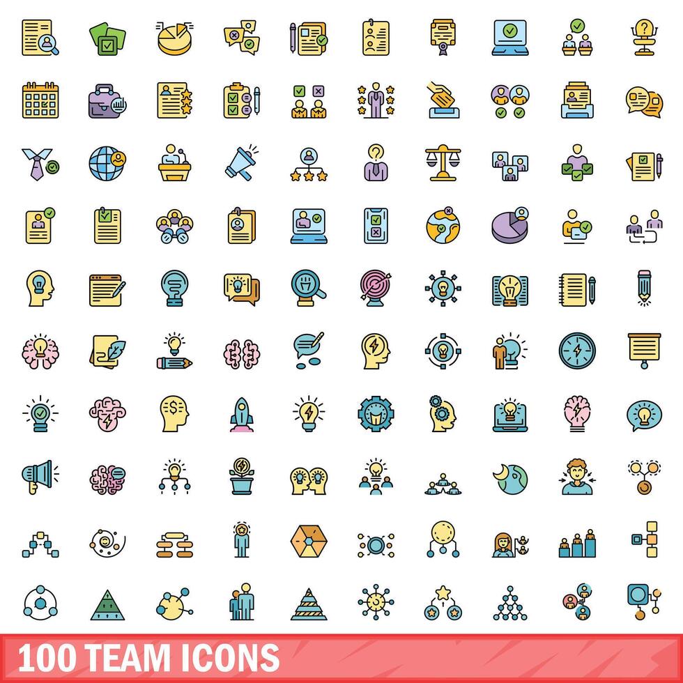 100 team pictogrammen set, kleur lijn stijl vector