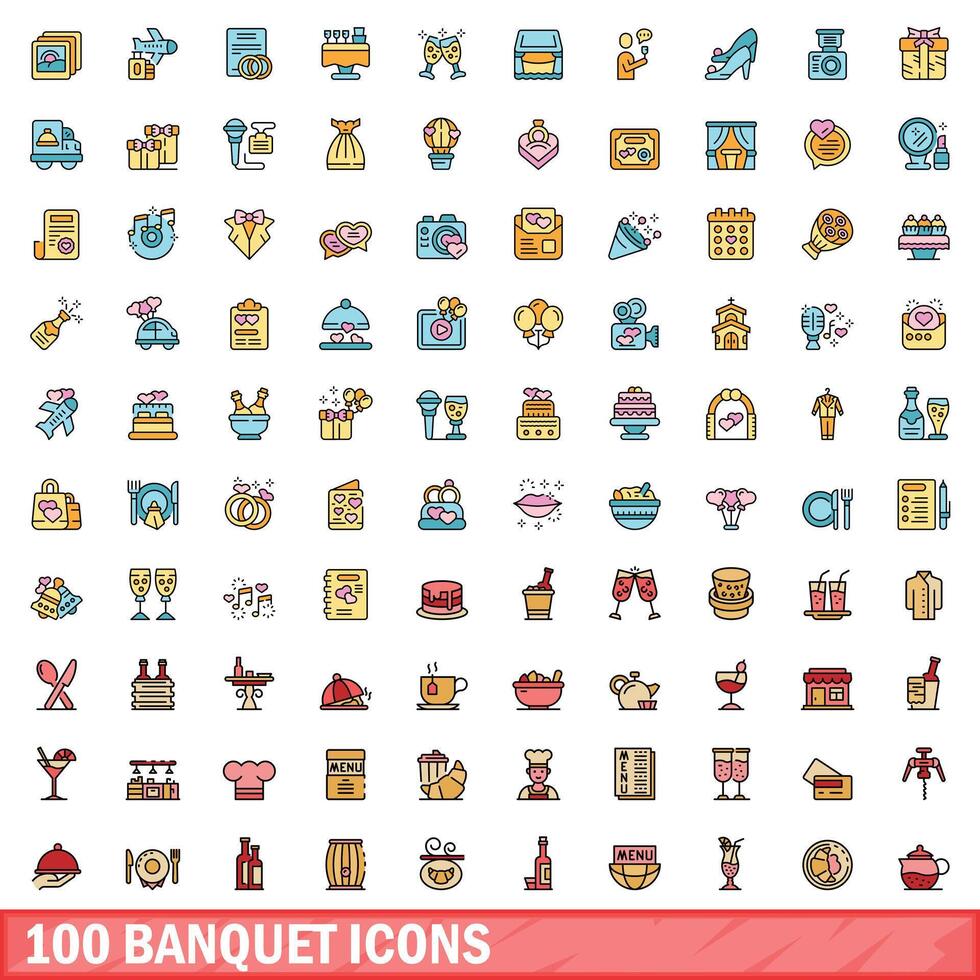 100 banket pictogrammen set, kleur lijn stijl vector