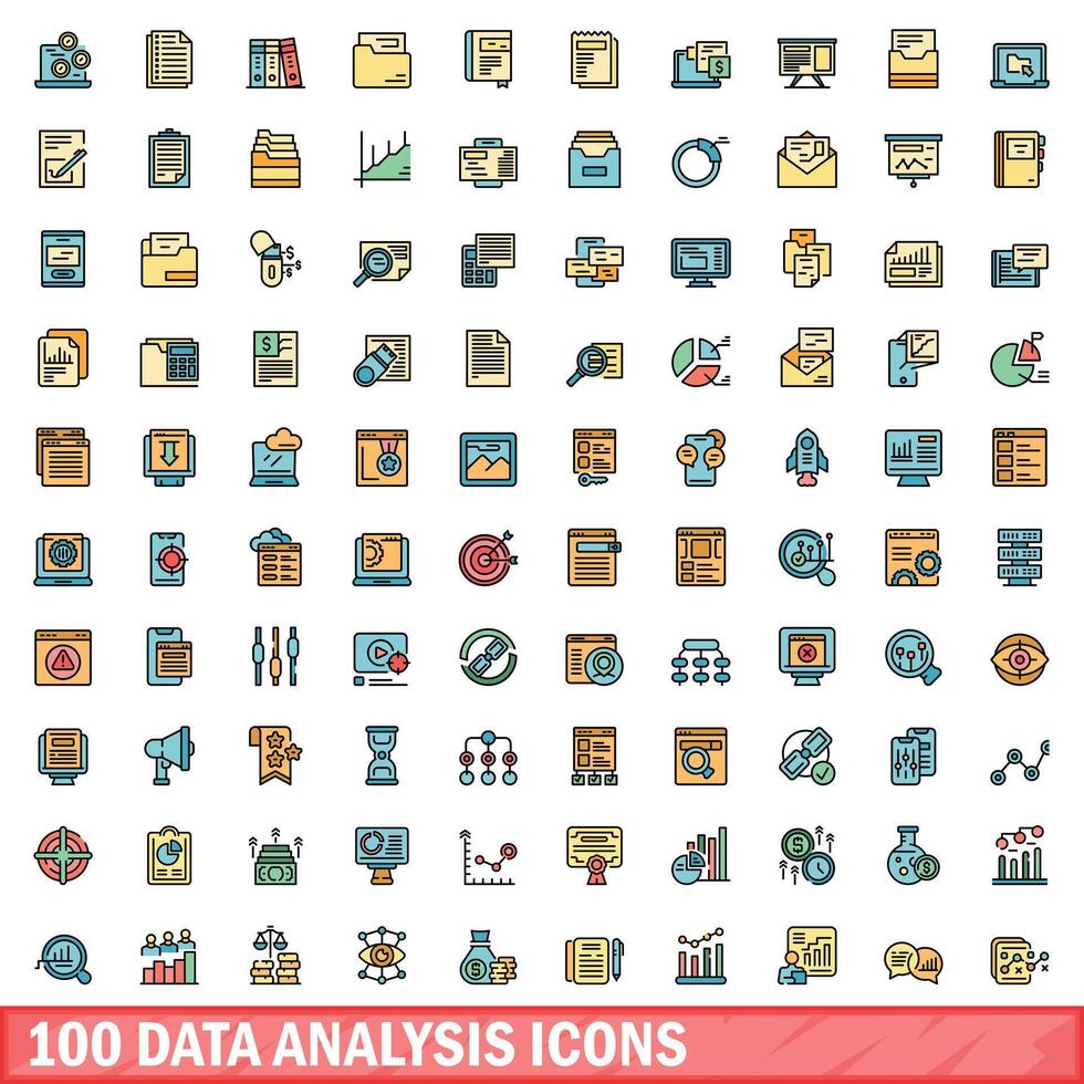 100 gegevens analyse pictogrammen set, kleur lijn stijl vector