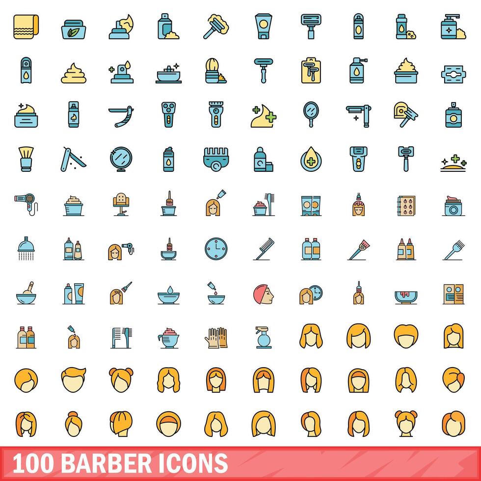 100 kapper pictogrammen set, kleur lijn stijl vector