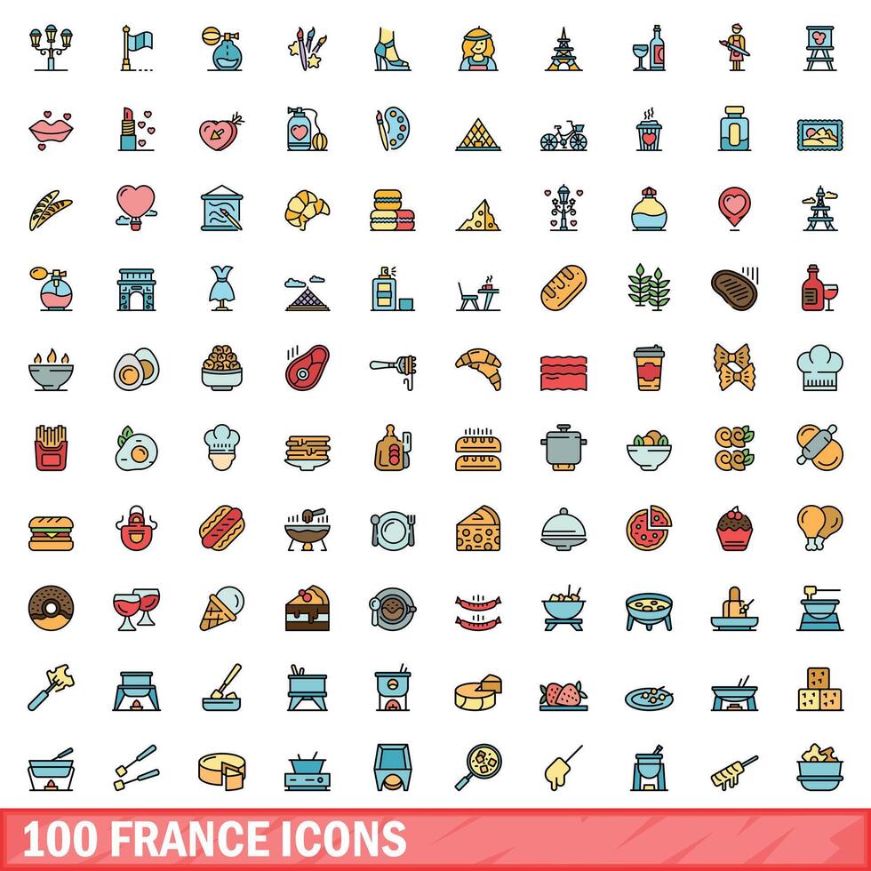 100 Frankrijk pictogrammen set, kleur lijn stijl vector
