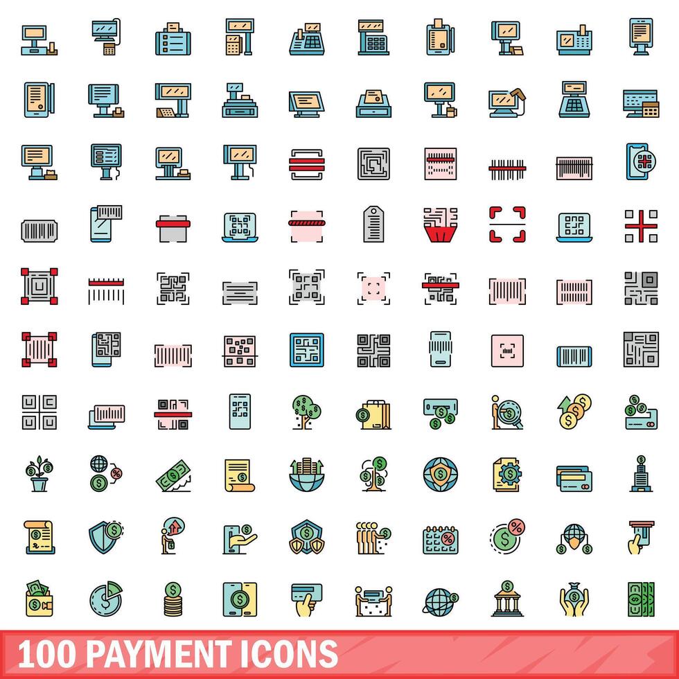 100 betaling pictogrammen set, kleur lijn stijl vector