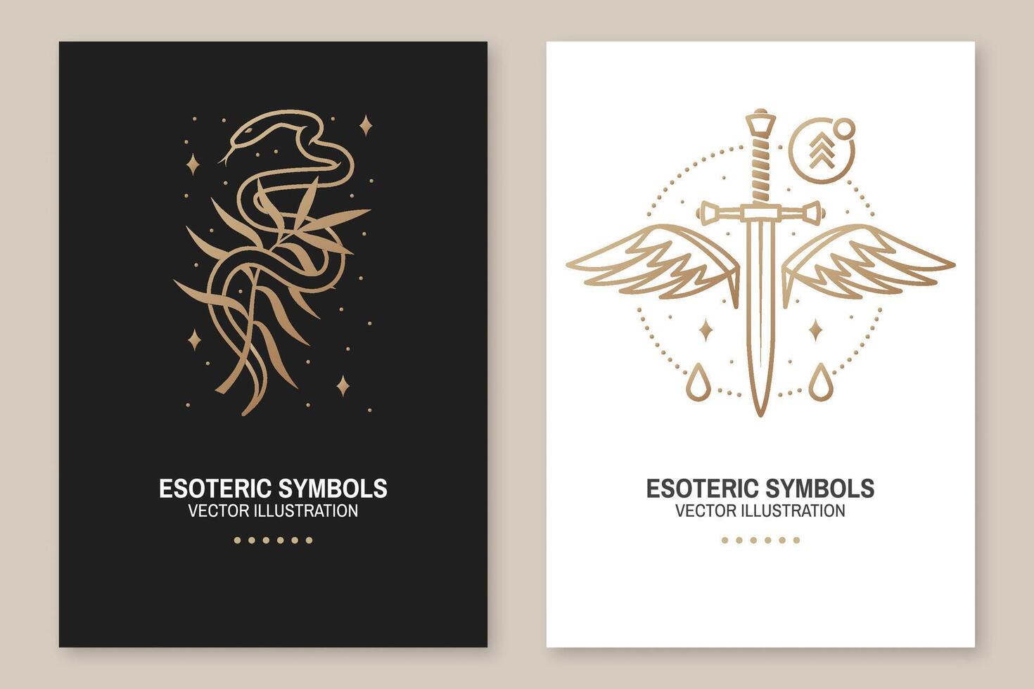 esoterisch symbolen, poster, folder. vector. dun lijn meetkundig kenteken. schets icoon voor alchimie of heilig geometrie. mysticus en magie ontwerp met slang, wilde bloem, dolk en Vleugels vector