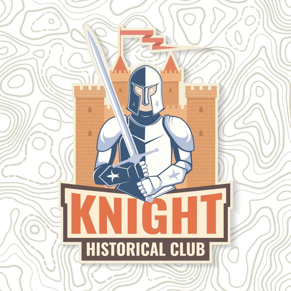 ridder historisch club insigne ontwerp. vector illustratie concept voor shirt, afdrukken, stempel, bedekking of sjabloon. wijnoogst typografie ontwerp met ridder met zwaard en kasteel silhouet.