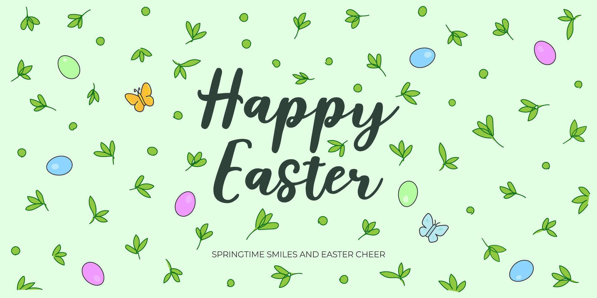 gelukkig Pasen dag vakantie horizontaal banier met lente gebladerte en gekleurde eieren. traditioneel voorjaar religieus viering groet kaart. vector eps tekening feestelijk poster