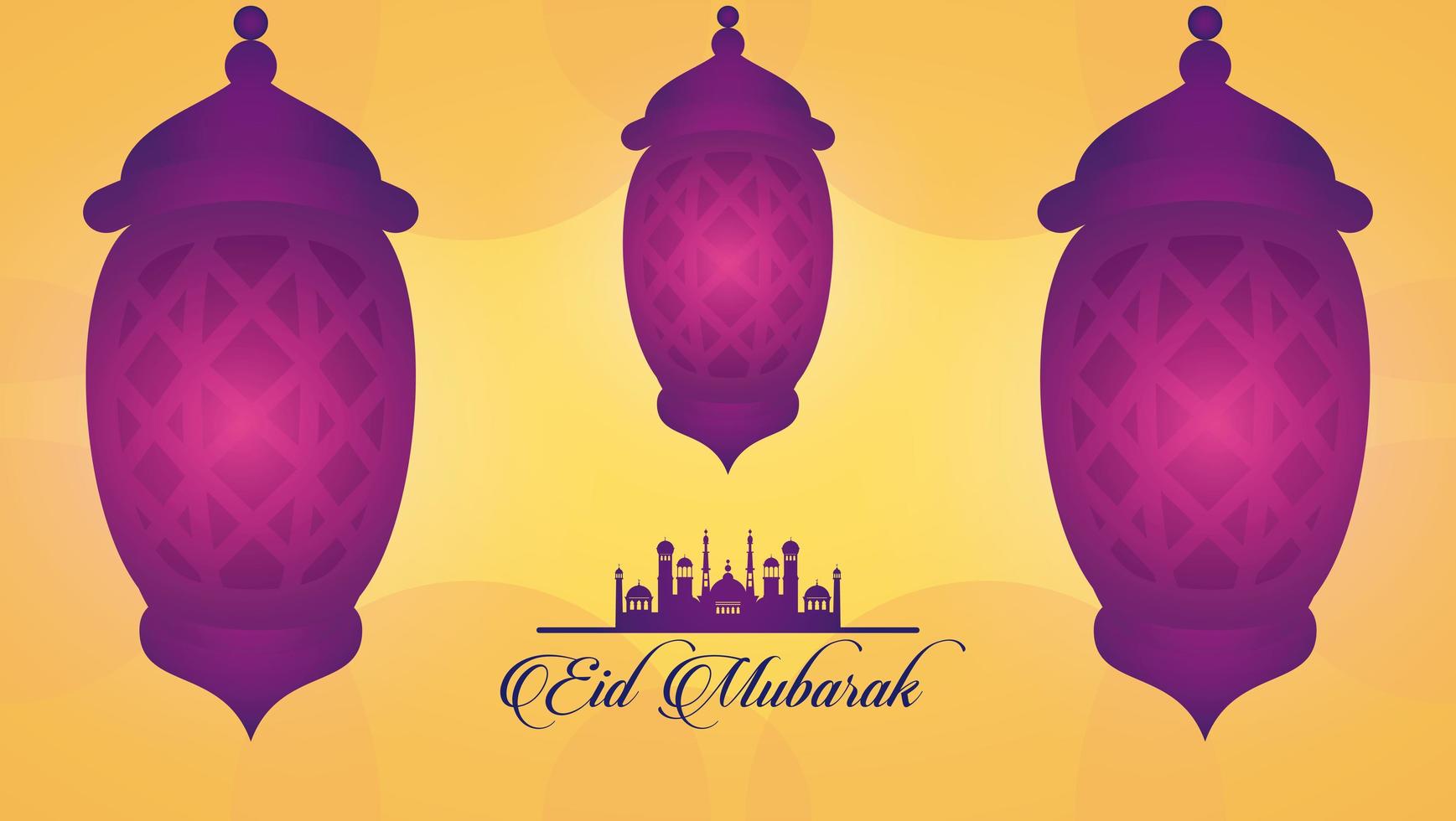 eid mubarak-vieringskaart met hangende lantaarns vector