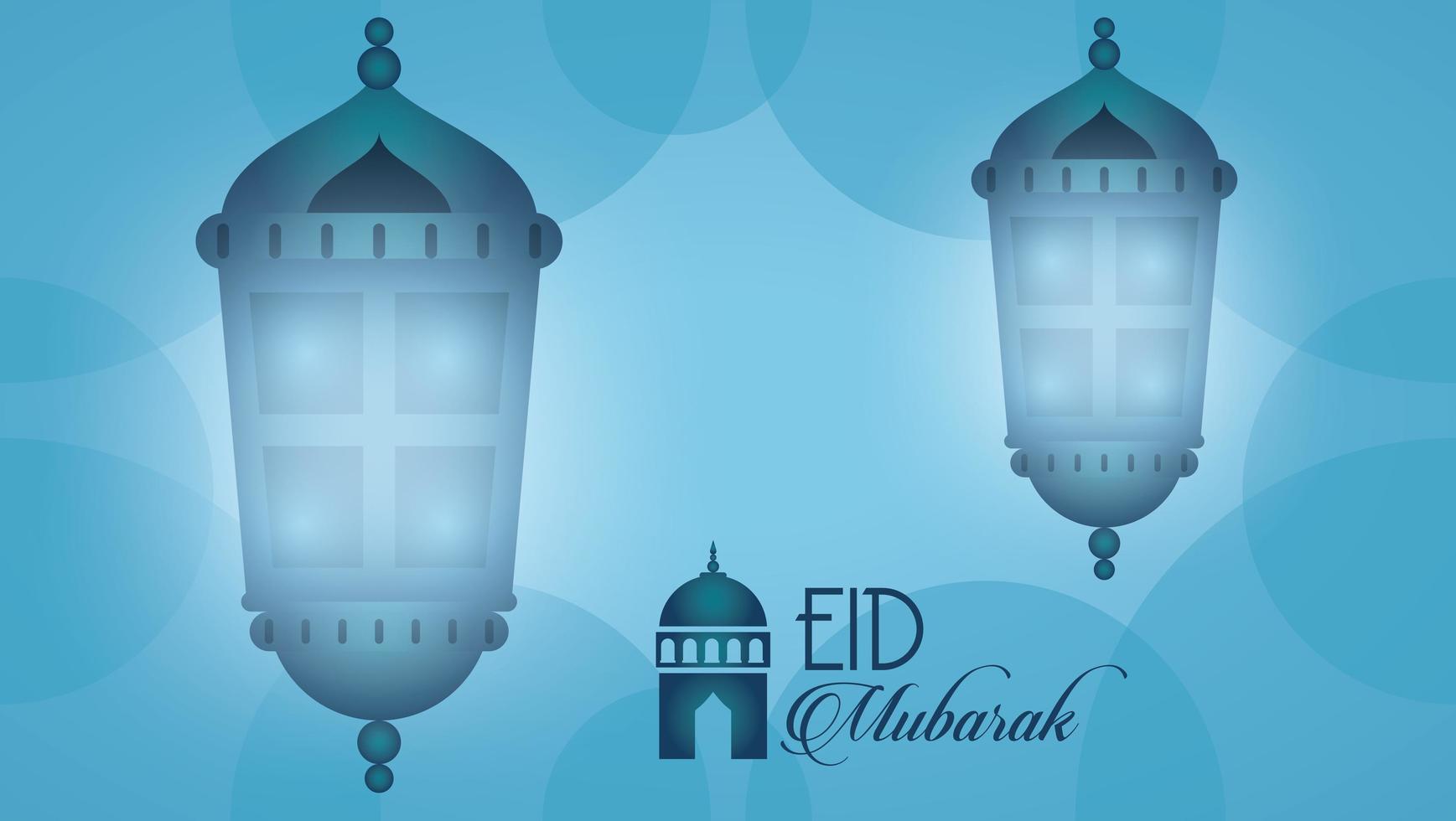 eid mubarak-vieringskaart met hangende lantaarns vector