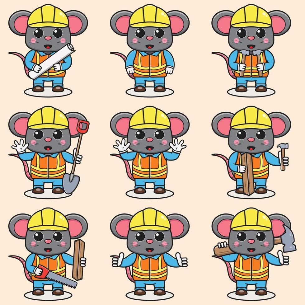 schattig muis bouw aannemer illustratie. vector illustratie van een schattig gebouw voorman muis . schattig muis bouw arbeider tekenfilm. vlak tekenfilm stijl.