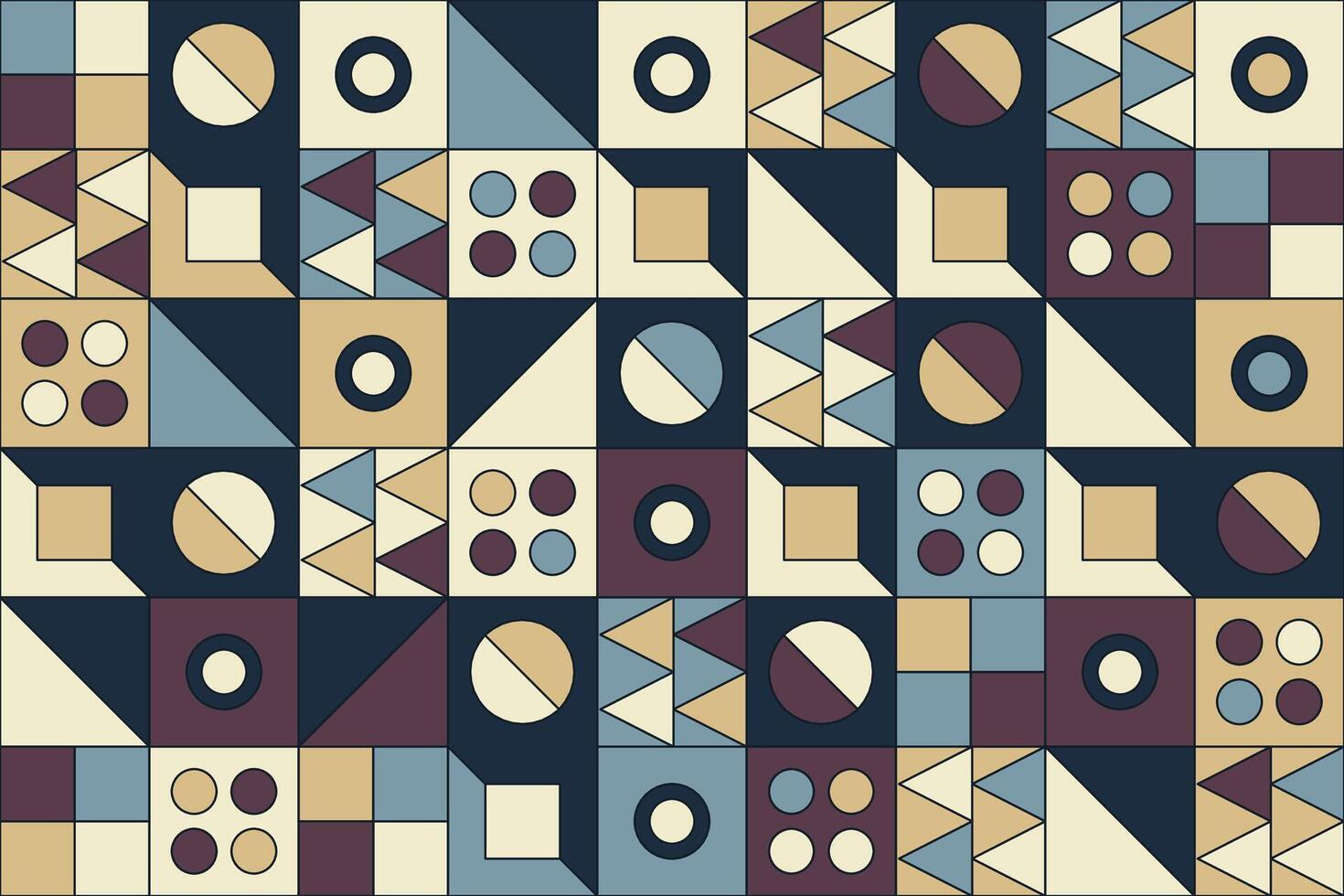 een levendig bauhaus-geïnspireerd vector patroon met een symmetrisch arrangement van meetkundig vormen en tegels, met een modieus retro kleur palet voor creatief en elegant decor