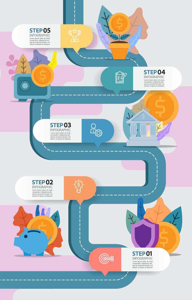 bedrijf gegevens visualisatie en geld besparing verticaal stappen tijdlijn infographic element verslag doen van lay-out sjabloon achtergrond met bedrijf lijn icoon 5 stappen vector