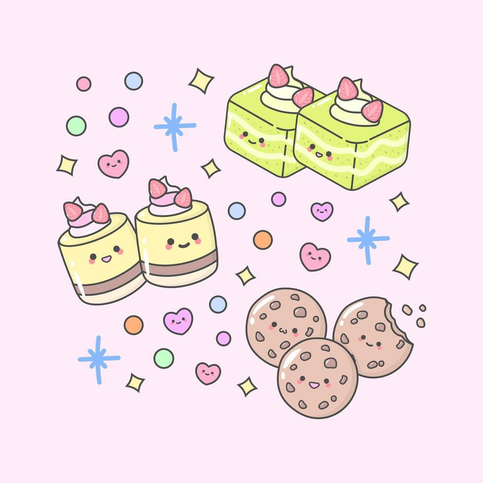 toetje taart gebakje mousse biscuit matcha met schattig gelaats uitdrukkingen en pastel kleur vector