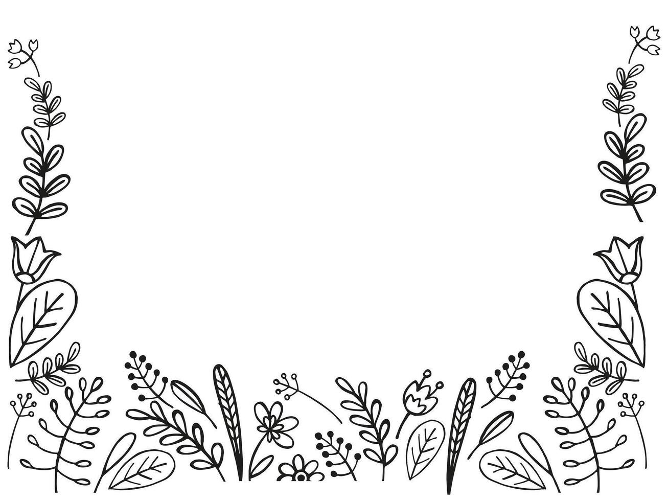 hand- getrokken kader van vector planten, brunch van bloemen, schetsen van bladeren, bloemen, knoppen, kruiden, gras, geïnkt silhouet van bladeren, monochroom illustratie geïsoleerd Aan wit achtergrond