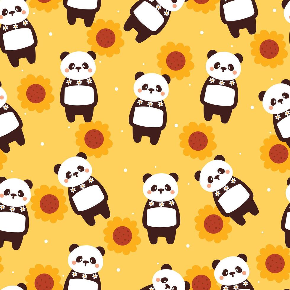 naadloos patroon tekenfilm panda en bloem. schattig dier behang voor textiel, geschenk inpakken papier vector